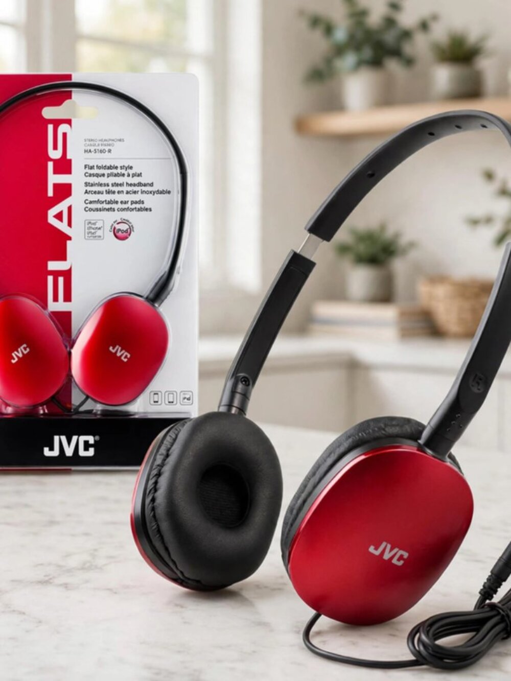 JVC Flats On-Ear Wired Headphones - Flat Foldable Design - 30mm - Red